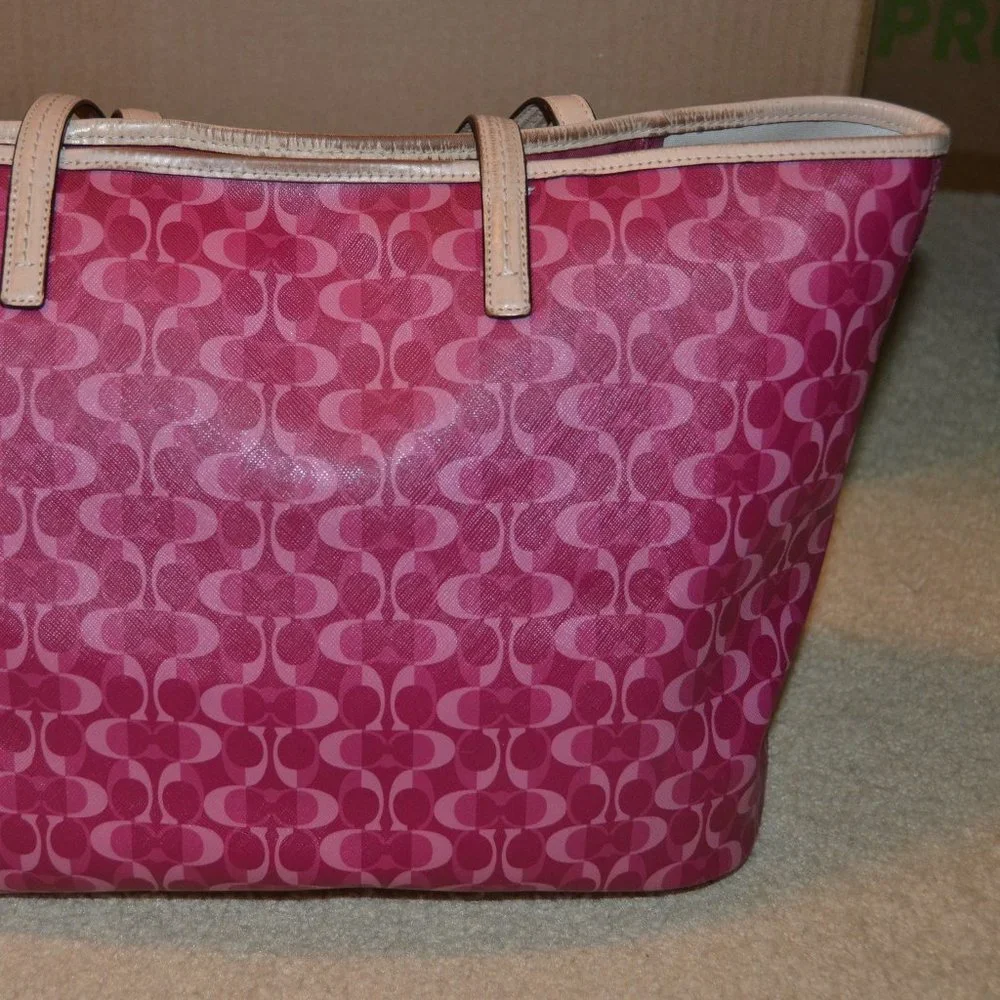 AUTH COACH SIGNATURE SUMMER PINK 25673 PARK METRO COATED LG SHOPPER TOTE PURSE